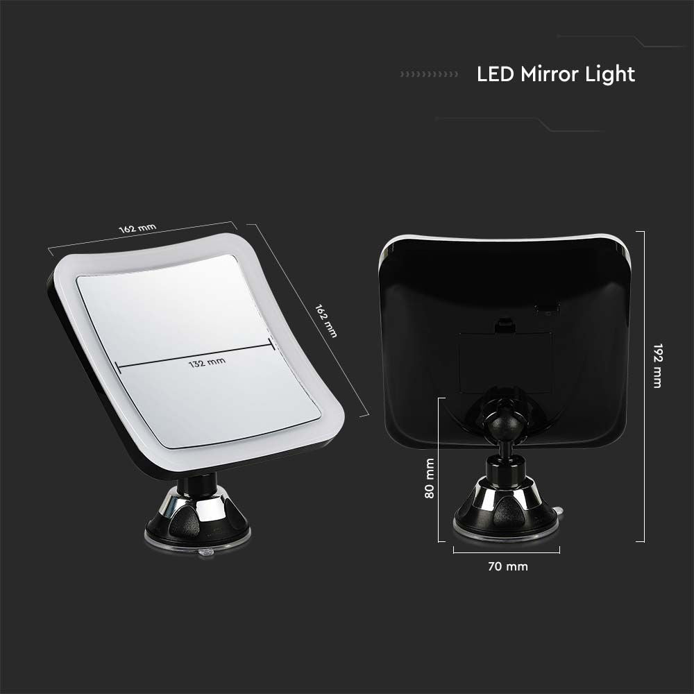 3,2W LED Spejllampe med Sort Hus og 3xAA Batteri - Perfekt til Badeværelset - 16,2x19,2cm