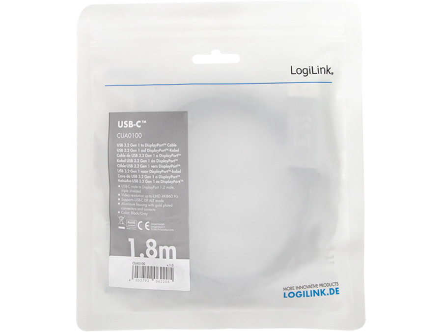 USB-C (han) til DisplayPort (han) kabel, 4K, Alu.sort (1,8m)