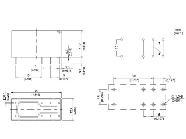 Vertikalt relæ - 12VDC 17A, 1 x skifte (SPDT), 8-ben 5mm