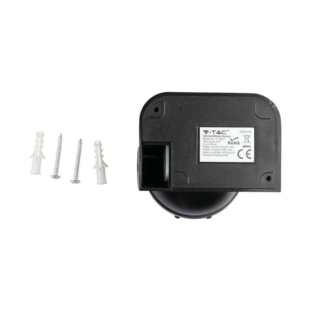 V-Tac bevægelsessensor - sort, LED-venlig, udendørs PIR infrarød bevægelsessensor med IP44, 230V input