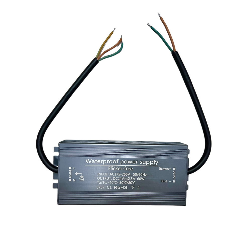 Strømforsyning 24V DC - 60W, 2,5A, flicker free, IP67 - Vejrresistent og pålidelig strømforsyning