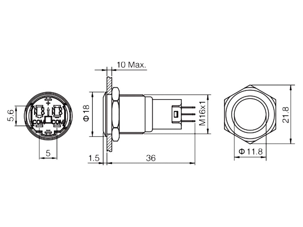 ProSwitch - Stålkontakt, 1P ON-(ON) Ø19mm RØD ring (IP65)