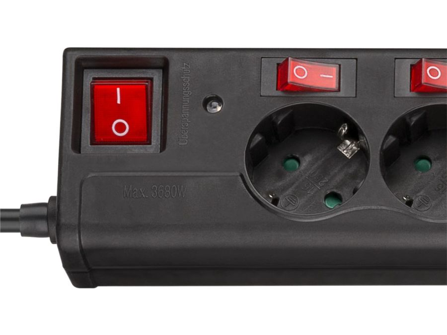 Stikdåse - 6 x CEE7/3, m. 7 afbrydere, Sort (1,5m)