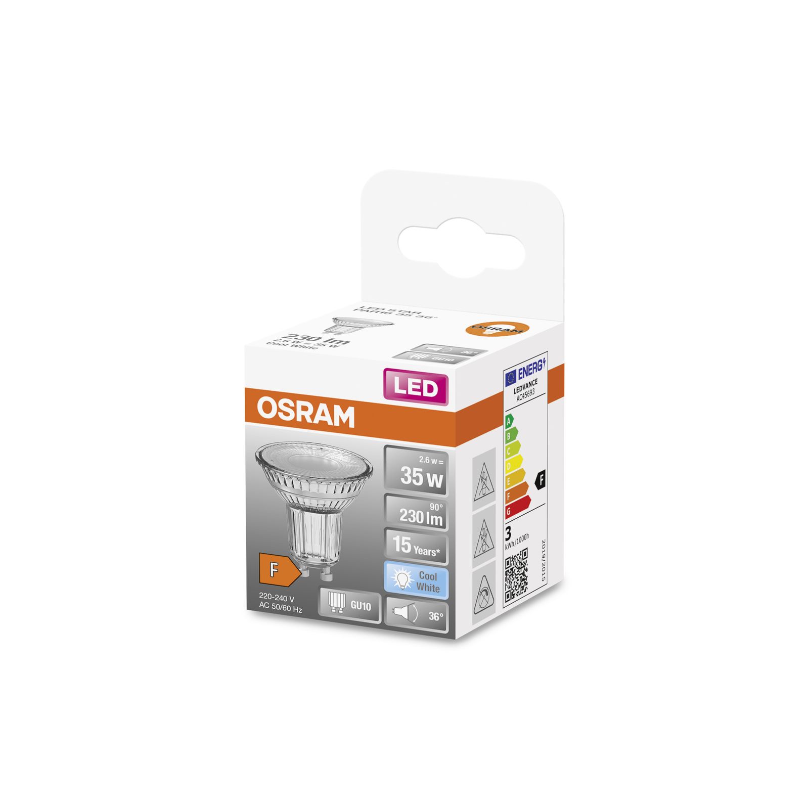 PAR16 GU10 LED pære, 230V 2,6W (35W) 36° 840