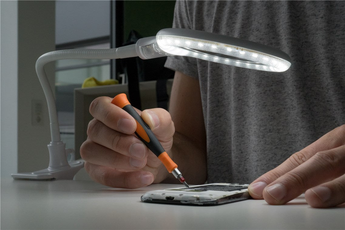 LED-luplampe m. clip-holder og bordfod - 5W, 3 dioptri, Hvid