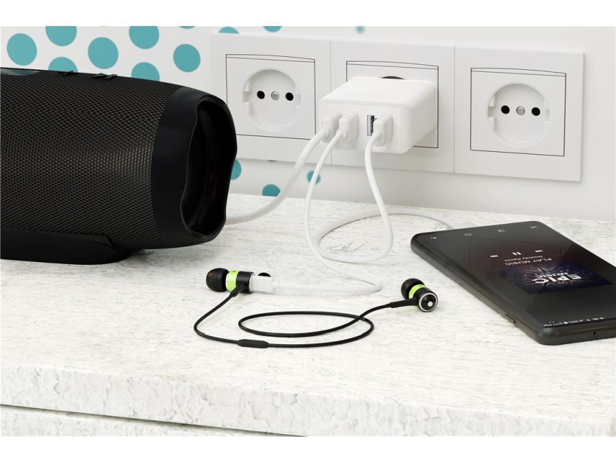 Netadapter - 100-240V til 4 x 5V USB-A, 2x3A (30W), Hvid