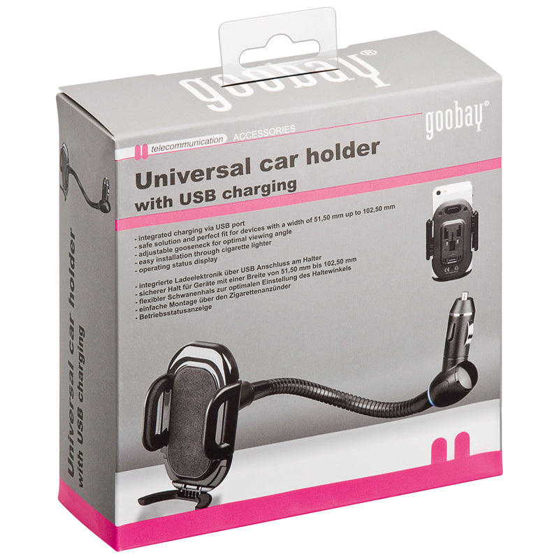 Universal mobil svanehalsholder m. USB ladestik - 5V / 1A