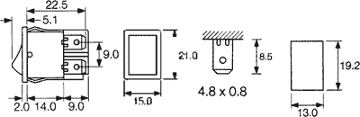 Vippekontakt - 1P ON-OFF, 10A/250V, Sort-rød (19,3x12,9mm)