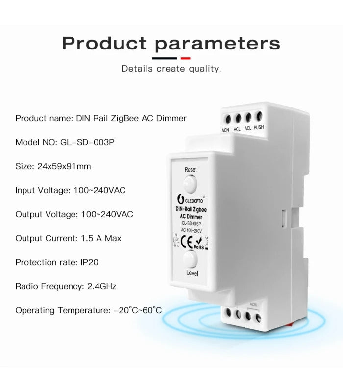 Zigbee dæmper modul til DIN-skinne - Gledopto, Zigbee 3.0, 200W, til indbygning