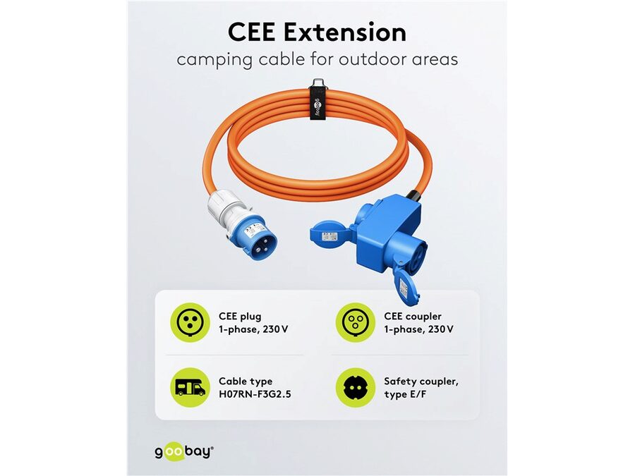 CEE adapterkabel - 3P han til 3P hun + 1 x Jord (5m)
