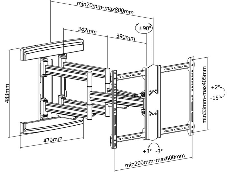 TV vægbeslag - 37-70" -15°/+3°vipbar, Vægafstand maks 800mm