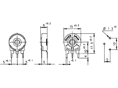 Lodret trimmepotmeter - 50kOhm, 15mm, spindel (PT15NH)