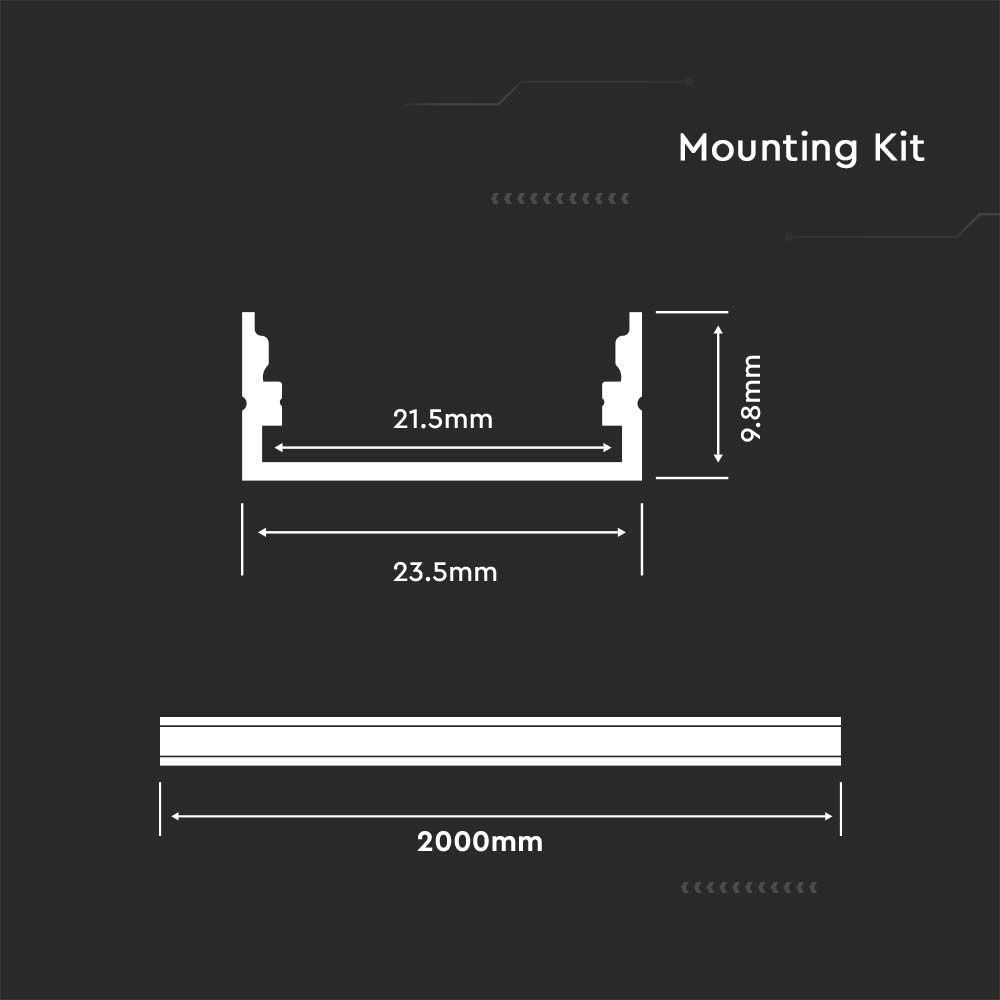 Monteringssæt til LED-strip på 20mm overflade, 2000x23,5x10,4mm, hvid diffuser, PCB inkluderet.