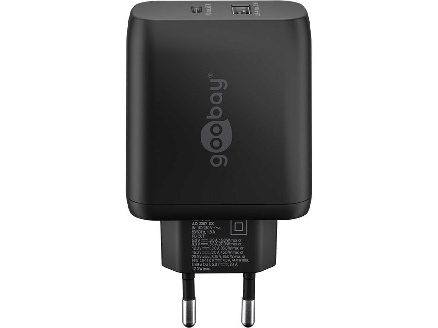 USB-C/A lynlader PD GaN (C65W) + (A12W), Sort