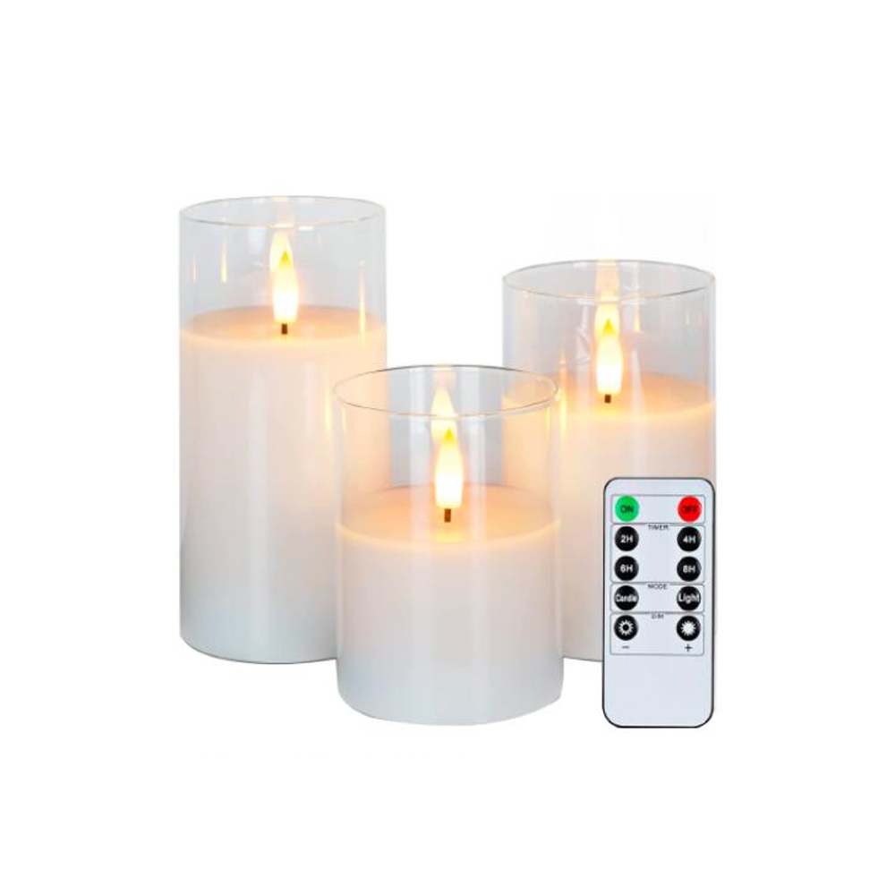 LED Bloklys sæt i glas med flammeeffekt, 3 stk - Inkl. fjernbetjening og timer, højde 10/12,5/15cm, ægte stearin