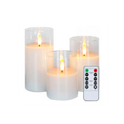 LED Bloklys sæt i glas med flammeeffekt, 3 stk - Inkl. fjernbetjening og timer, højde 10/12,5/15cm, ægte stearin