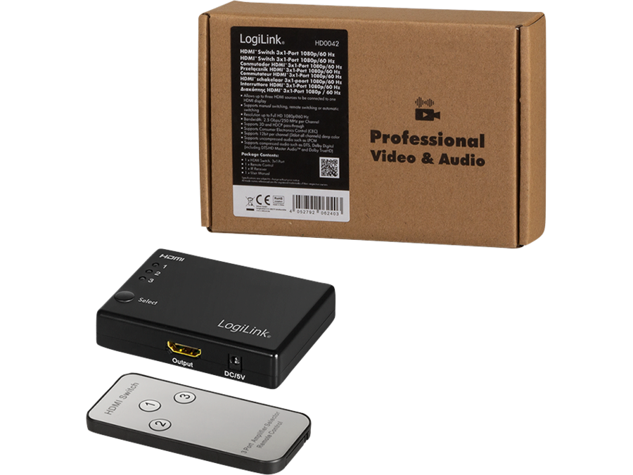 HDMI switch, 3x1-Port, 1080p/60 Hz, HDCP, CEC, RC