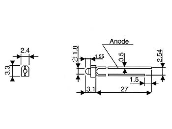 1,8mm LED - Rund, GUL diffus (8mcd, 70°)