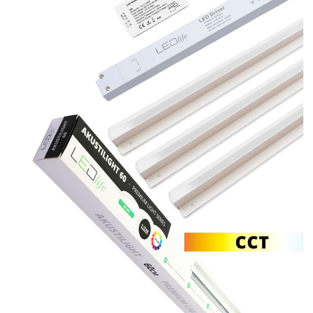 Troldtekt LED Skinnesæt 3x90 cm - CCT, Planforsænket, Akustilight inkl. fjernbetjening, ledninger og driver (27W, 24V, 2700lm, RA93) - 5 års producentgaranti