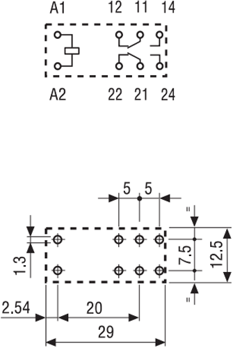 Miniature printrelæ - 12VDC / 8A, 2 x skifte (DPDT)