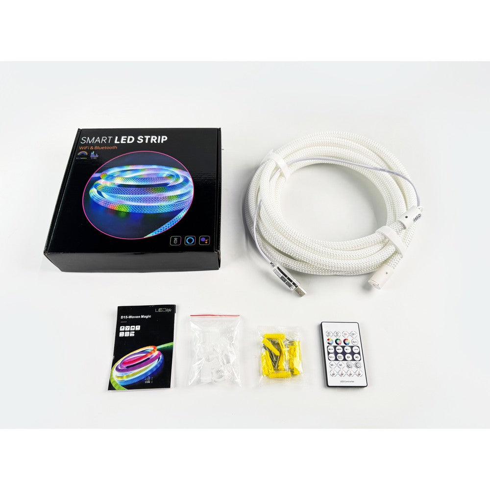 3m RGBIC Neon flex slange med Bluetooth App og fjernbetjening - Vævet reb, USB-opladning - Komplet sæt til lysdekorationer.