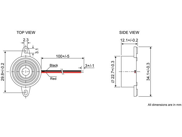 Mikro-summer - 8 til 15Vdc / 10mA, 85dB, ledning