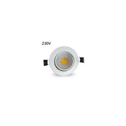 Dæmpbar 3W LED indbygningsspot - Hul: Ø7-8 cm, Mål: Ø8,5 cm, hvid kant, 230V, erstatter 45W