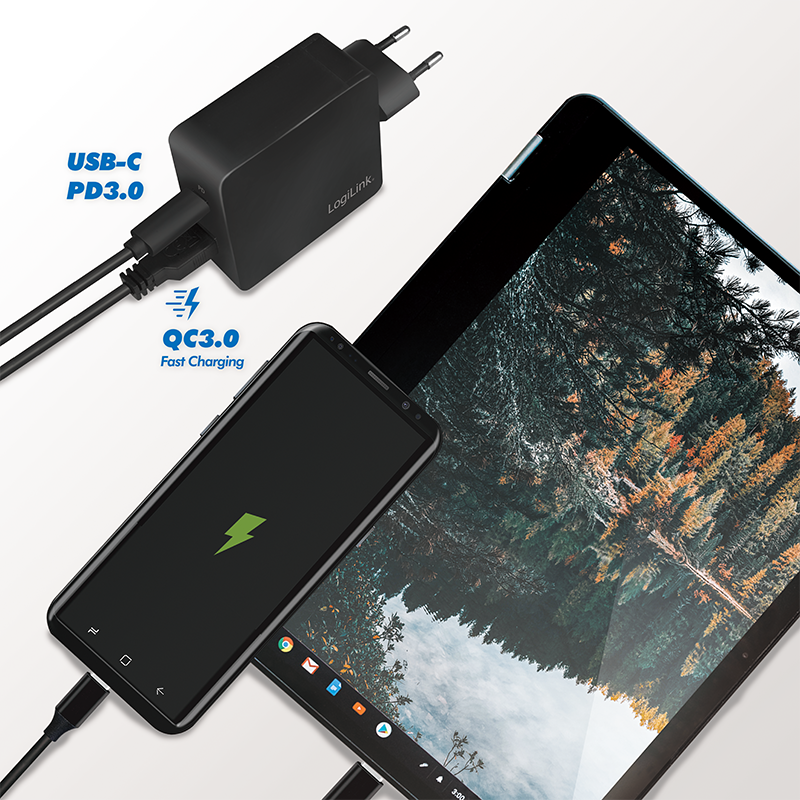 USB netadapter - 1xUSB-C PD (18W) + 1xUSB-A, Sort (3A)