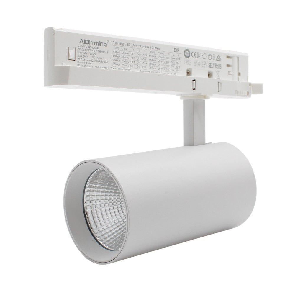 29W Dæmpbar hvid skinnespot fra LEDlife med høj effektivitet på 140 lm/W, RA 90 og 38 graders spredning, passer til 3-fasede systemer