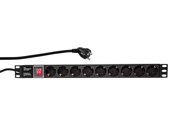 19" El-rackpanel - 9 x CEE7/3 hun, ON/OFF kontakt, Sort (2m)