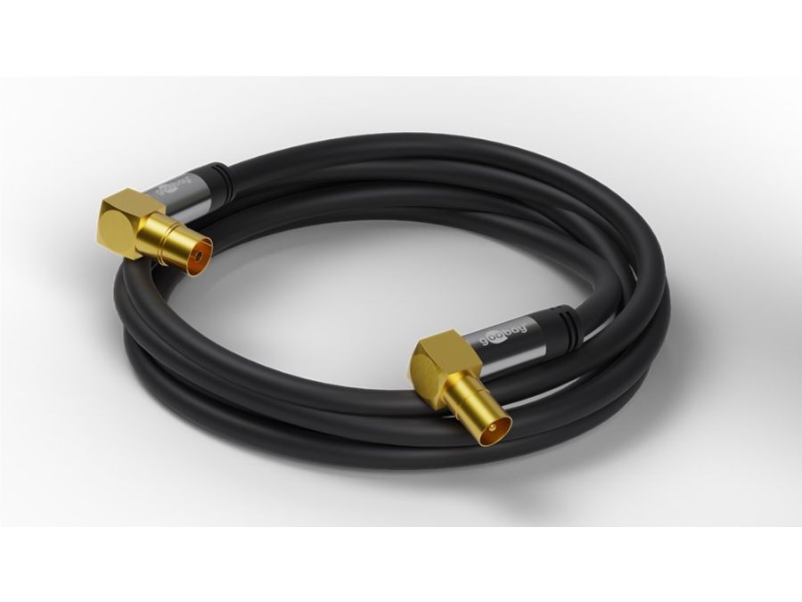 HQ TV antennekabel - 4 x skærm, 90° COAX han/hun, Sort (2m)