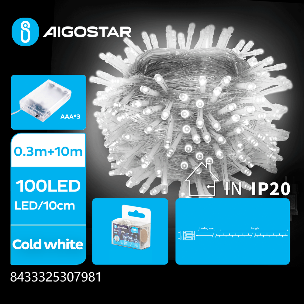 10m batteridrevet kold hvid LED lyskæde med 100 LED og transparent ledning