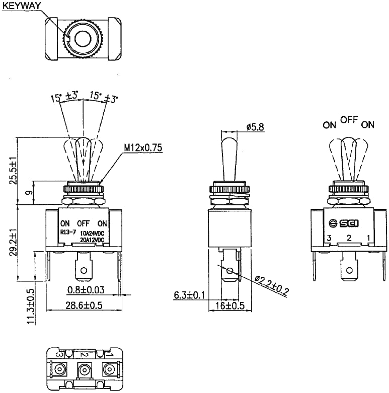 MAXI vippekontakt - 1P ON-OFF-ON, 20A/12VDC, 6,3mm spade