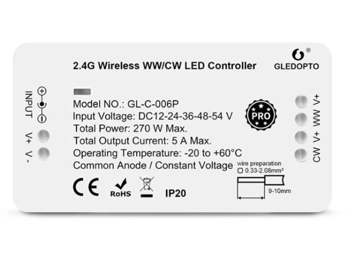 Gledopto Zigbee controller - Philips Hue kompatibel, Zigbee 3.0, enkeltfarvet og CCT, 12V (60W), 24V (120W)