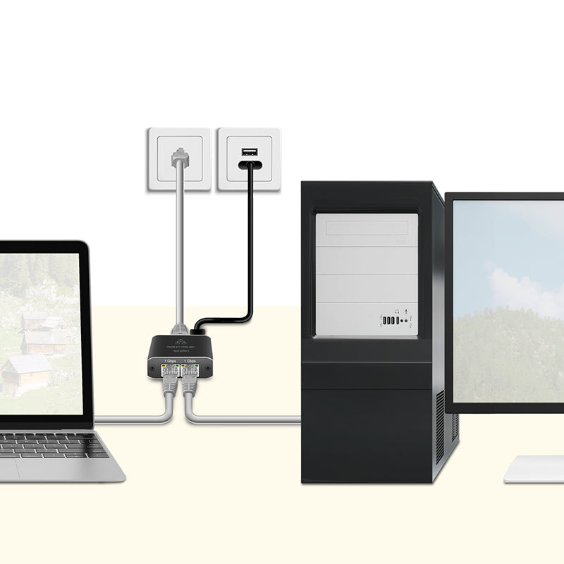 Gigabit Ethernet Splitter - 1 ind til 2 ud, 1000 Mbit/s
