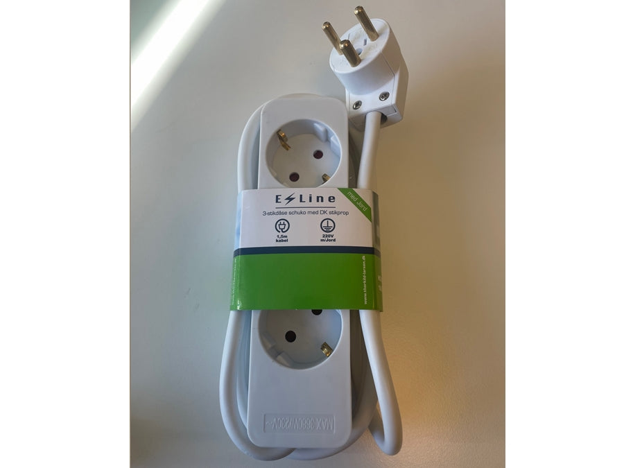 Hybrid stikdåse - 3 x Schuko, DK stikprop, Hvid (1,5m)