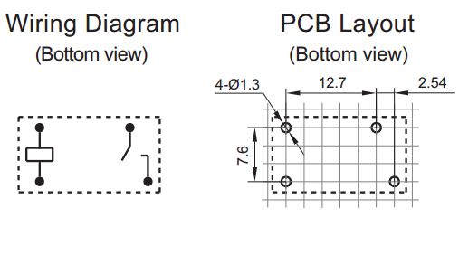 Miniature relæ - 12VDC 10A, 1 x slutte (SPST-NO), 4-ben 2,54