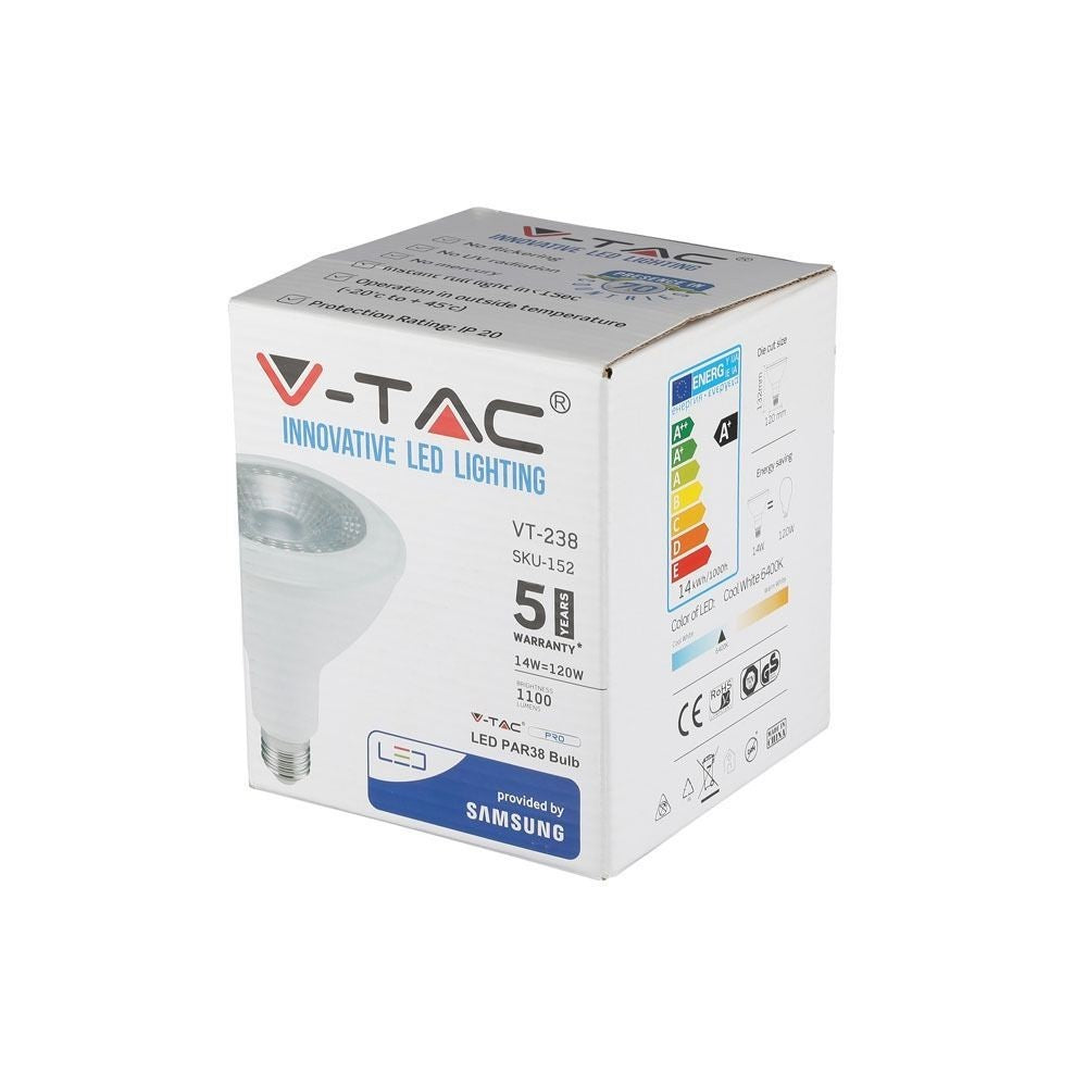 V-Tac 14W LED Spotpære - Samsung LED chip, PAR38, E27, 5 års garanti, 1100lm