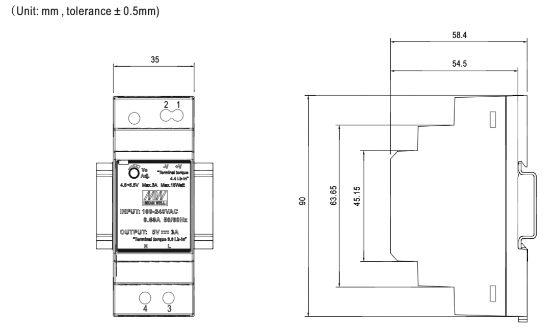 DIN-skinne strømforsyning - 5VDC 15W (3A)