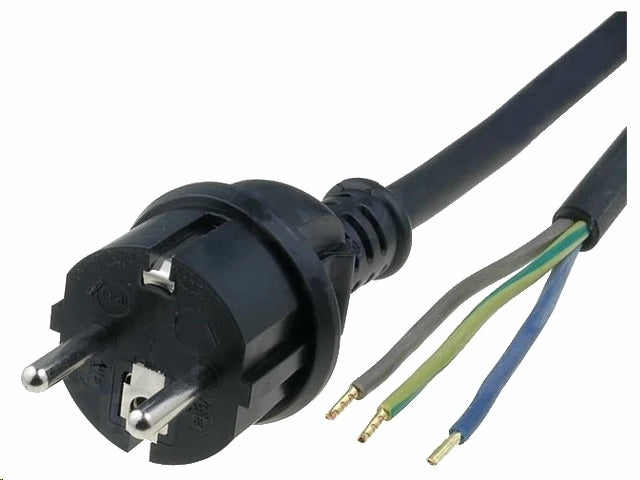 Strømkabel - CEE7/7 til løs ende, 3x1,5mm², Sort gummi (5m)