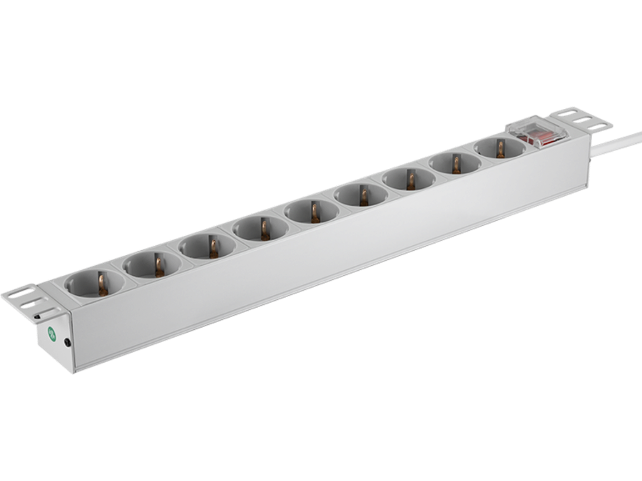 19" El-rackpanel - 9 x CEE7/3 hun, ON/OFF kontakt, Grå (2m)