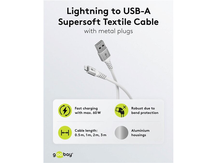 USB-A til Lightning Supersoft PD Tekstilkabel, 3A, Hvid (2m)