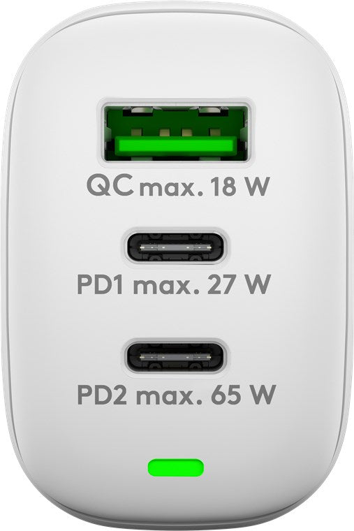 USB-C PD netadapter - 1xUSB-A, 2xUSB-C, 65W/3A, Hvid