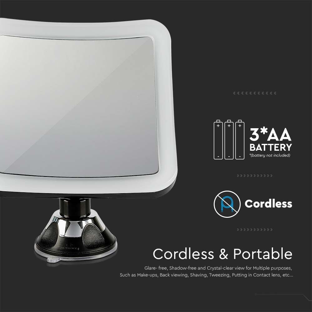 3,2W LED Spejllampe med Sort Hus og 3xAA Batteri - Perfekt til Badeværelset - 16,2x19,2cm