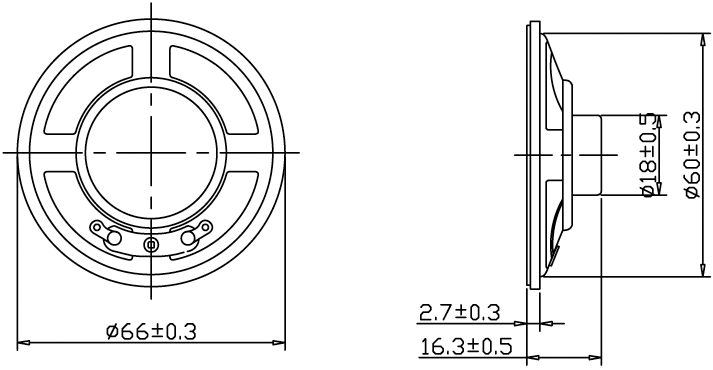 Minihøjttaler - 0,5W / 8ohm, 0-4000Hz, Ø66mm
