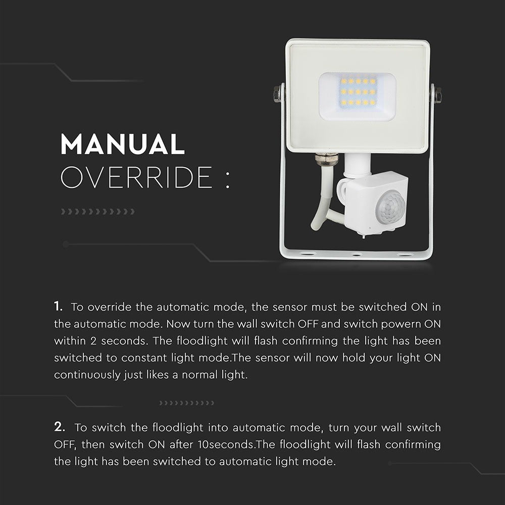 20W LED projektør med Samsung chip, PIR sensor og 3000K varm hvidt lys i hvidt hus - ideel til udendørs belysning
