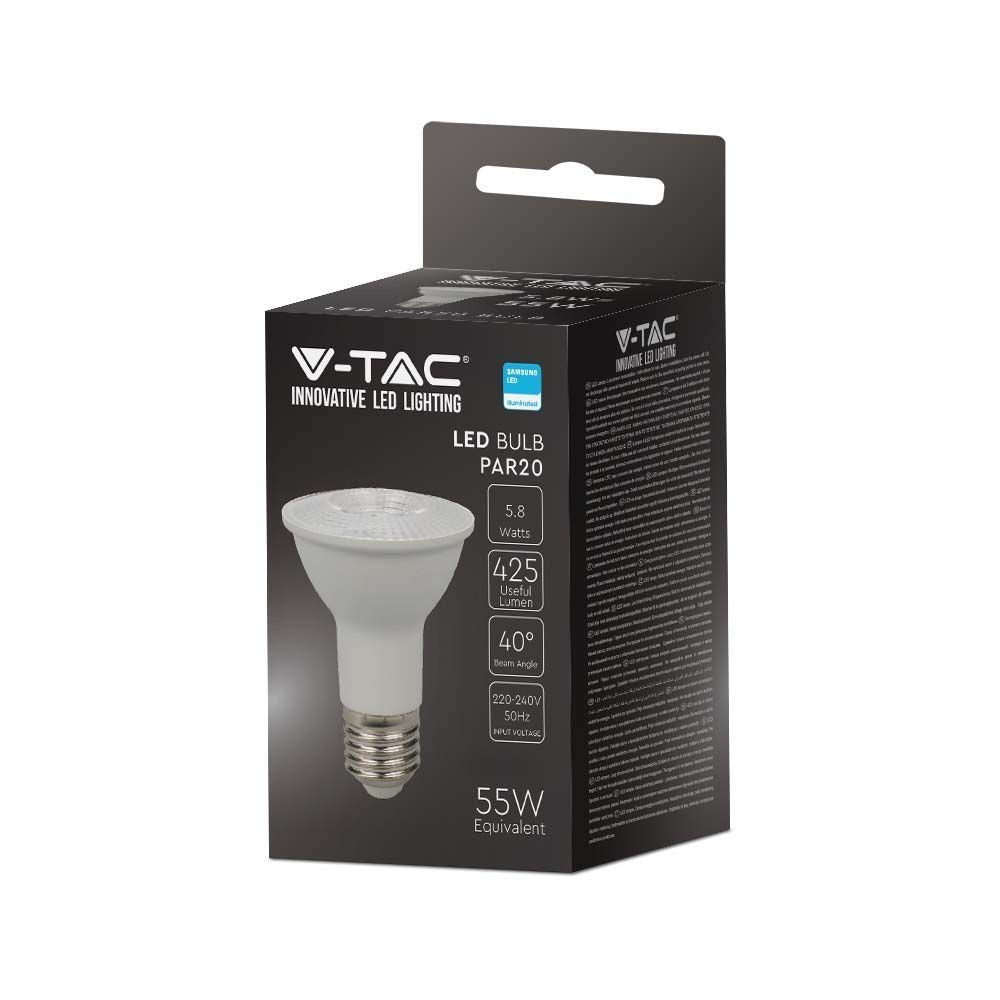 V-Tac 7W LED pære - Samsung chip, PAR20, E27, 495lm, RA80, 5 års garanti