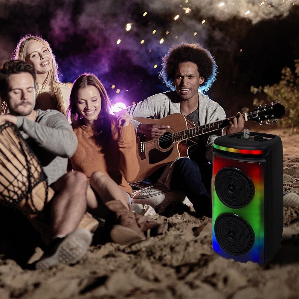 400W Genopladelig Højttaler med 1 Trådet Mikrofon, RF Kontrolhåndtag og 2x6.5 Tommer Woofer