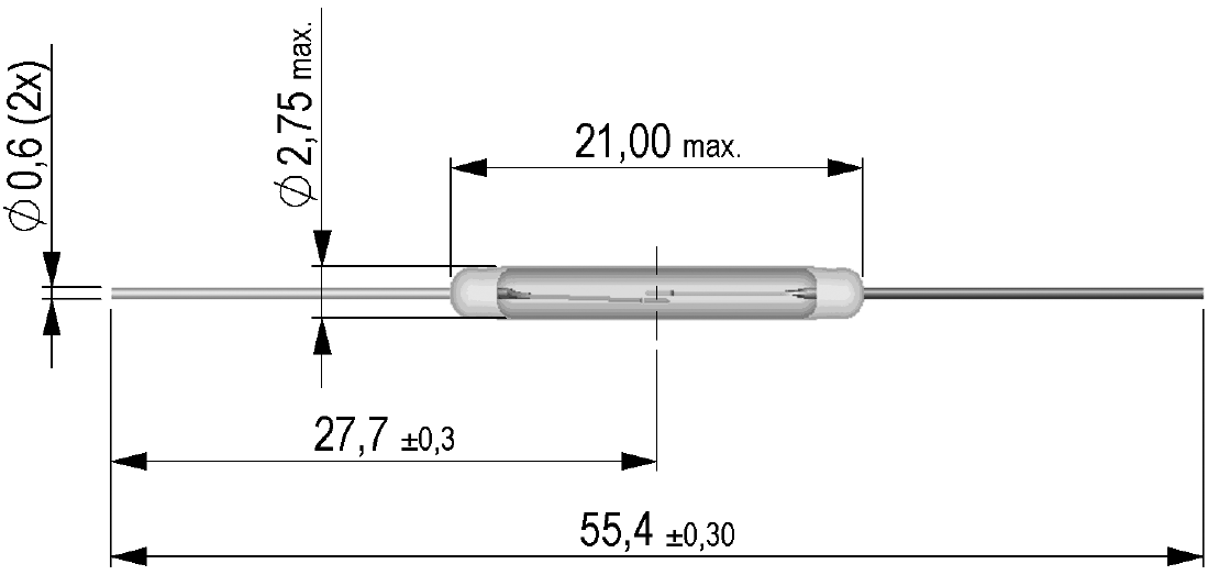REED sensorkontakt - 1 x slutte, 50W (0,5A) Ø2,75x21mm
