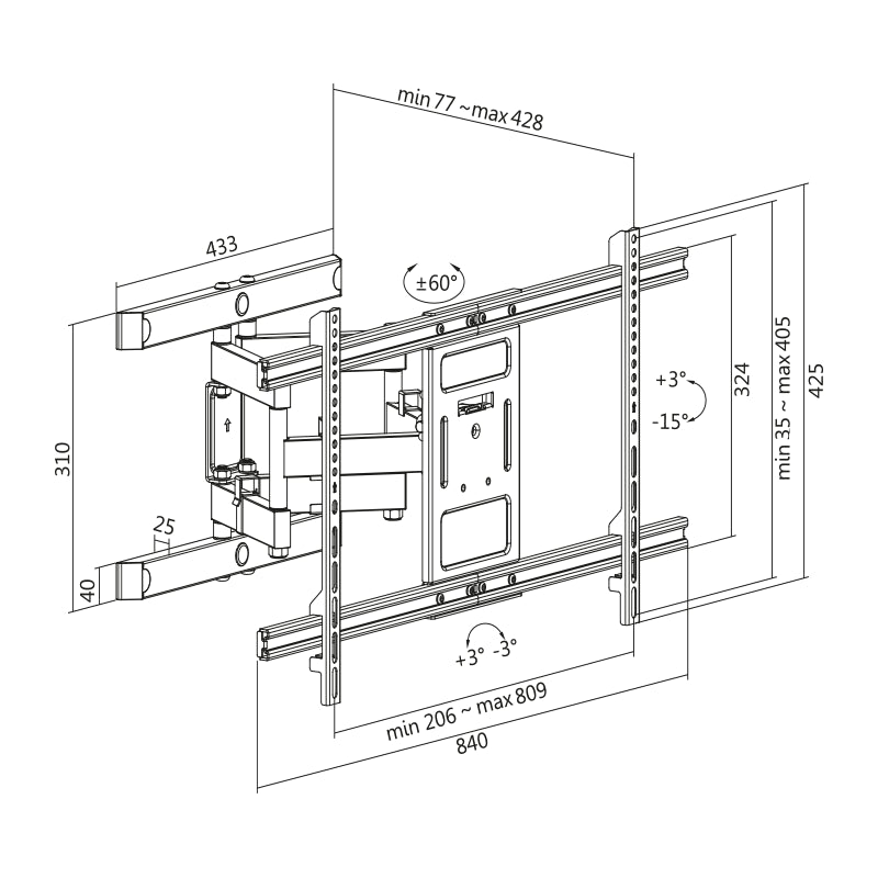 TV vægbeslag 43-90" 60kg, tiltbar og drejbar 77–428mm